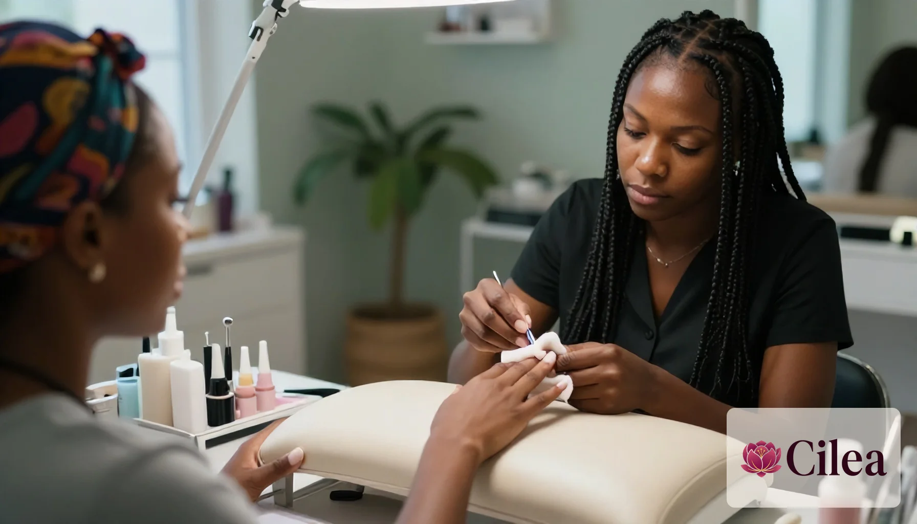 Nail designer realiza manicure em cliente no salão, com produtos organizados na bancada ao lado