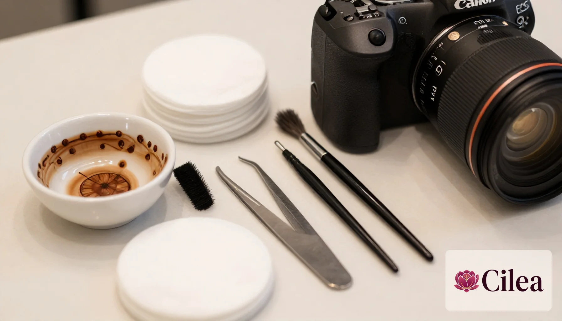 Kit de materiais para design de sobrancelha organizado sobre a mesa de trabalho